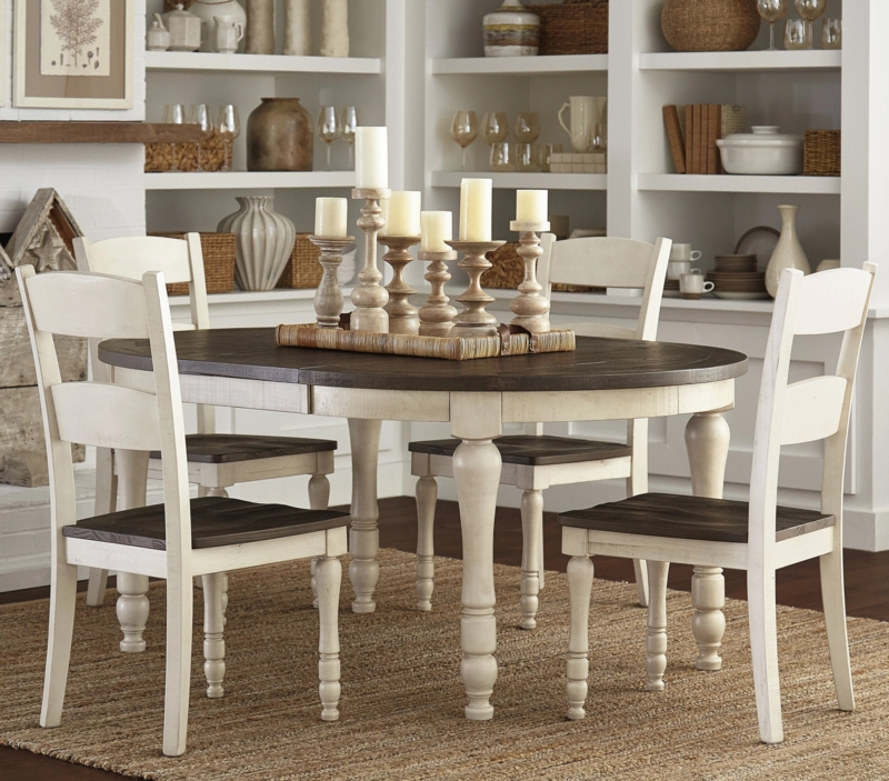 Dining Table: Oval Farmhouse Top, Two-Tone Finish, Ladder-Back Chairs.