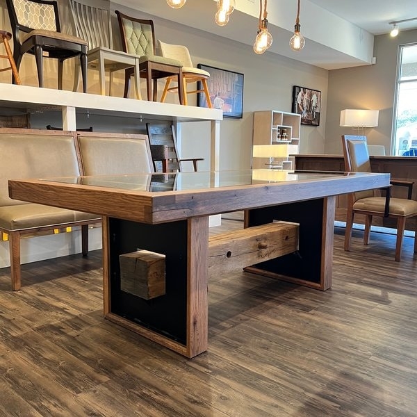 Dining Table Reclaimed Oak Trestle Base Glass Inlay Industrial Rustic