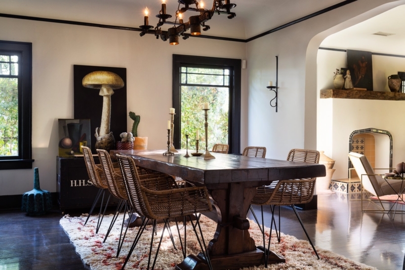 Dining Table Rustic Trestle Base Modern Spanish Colonial Woven Chairs