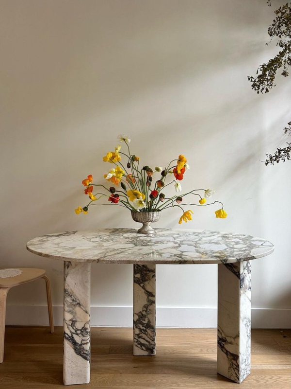 Dining Table: Sculptural Slab Legs, Heavy Purple Veined Stone