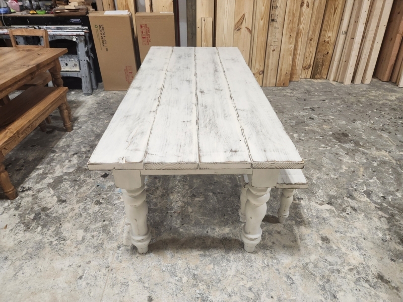Dining Table Set: Chunky Turned Baluster Legs, Plank Top, Rustic.