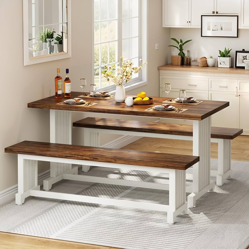 Dining Table Set Slat Panel Details Bench Seating Two Tone Trestle Base