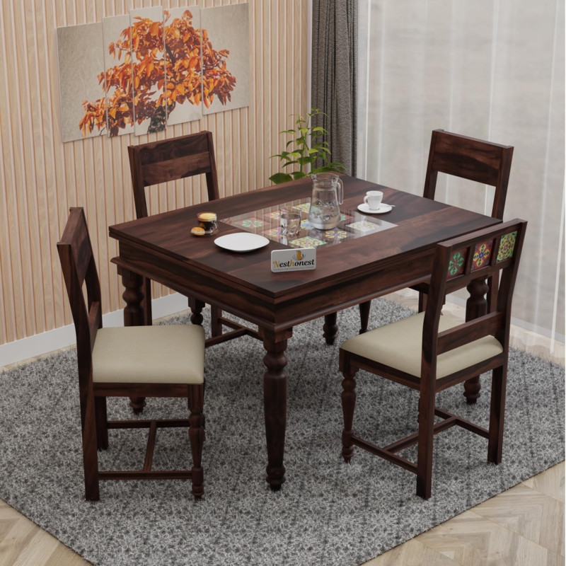 Dining Table Set Turned Legs Glass Inlay Tile Accents Traditional Walnut