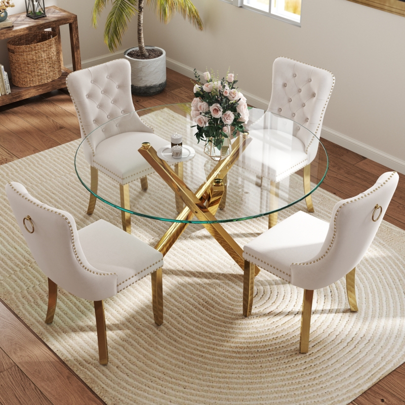 Dining Table Set with Gold Ring Pull Detail and Tufting