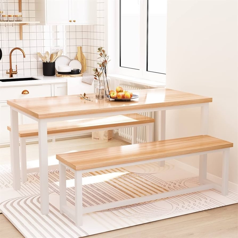 Dining Table Set with White Metal Frame and Backless Benches.