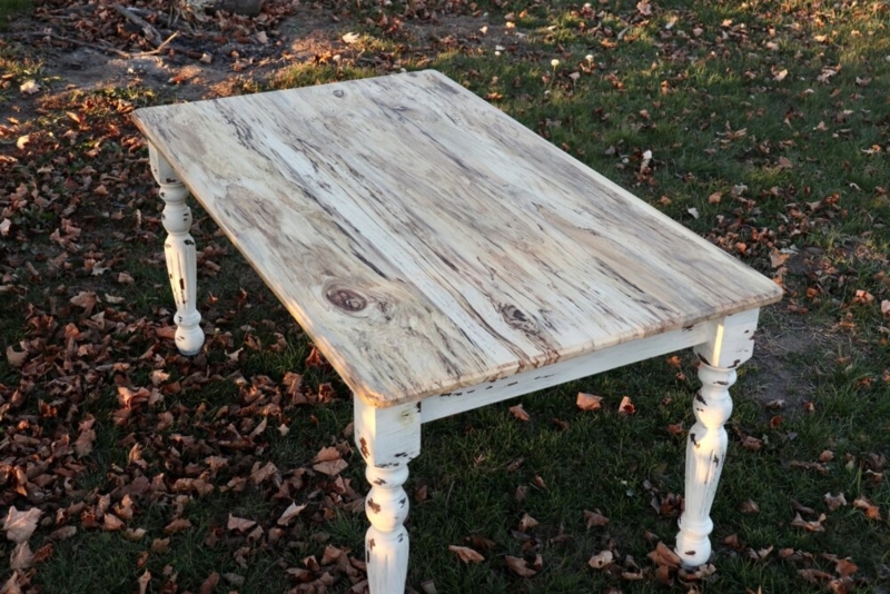 Dining Table: Spalted Maple Top, Turned Legs, Farmhouse Style Base.