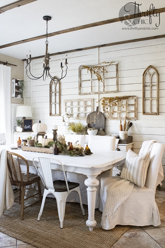 Dining Table: Turned Legs, Farmhouse Shiplap Wall Decor Context.