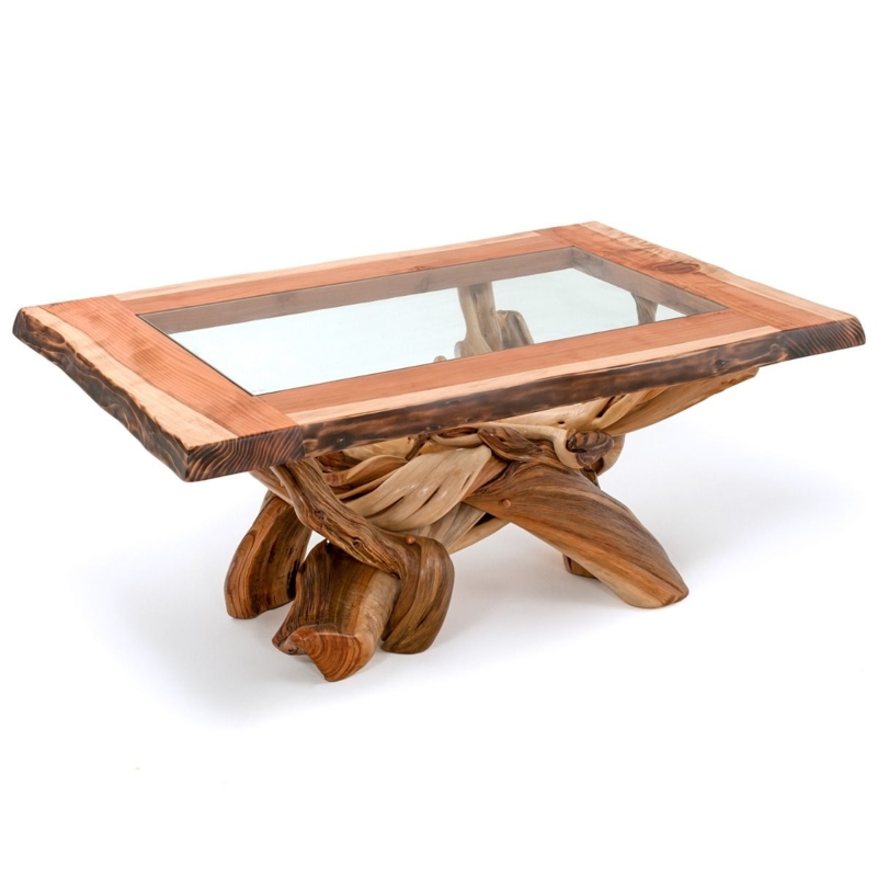 Dining Table Twisted Root Base Live Edge Glass Inlay Rustic Style