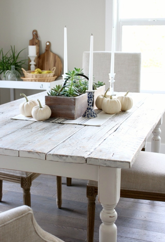 Dining Table: Whitewashed Reclaimed Plank Top, Turned Legs, Rustic Chic.
