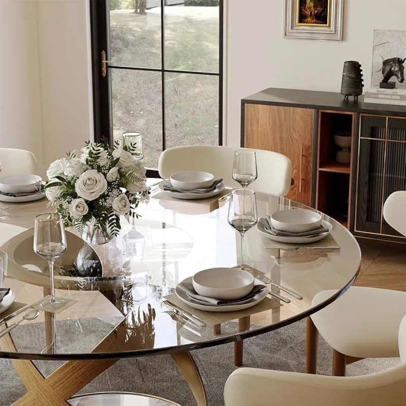 Dining Table with Bronze X-Base and Smoked Glass Top