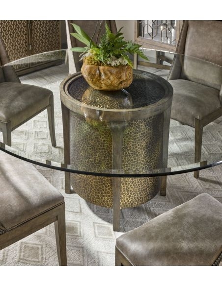 Dining Table with Hammered Metallic Base and Oak Frame