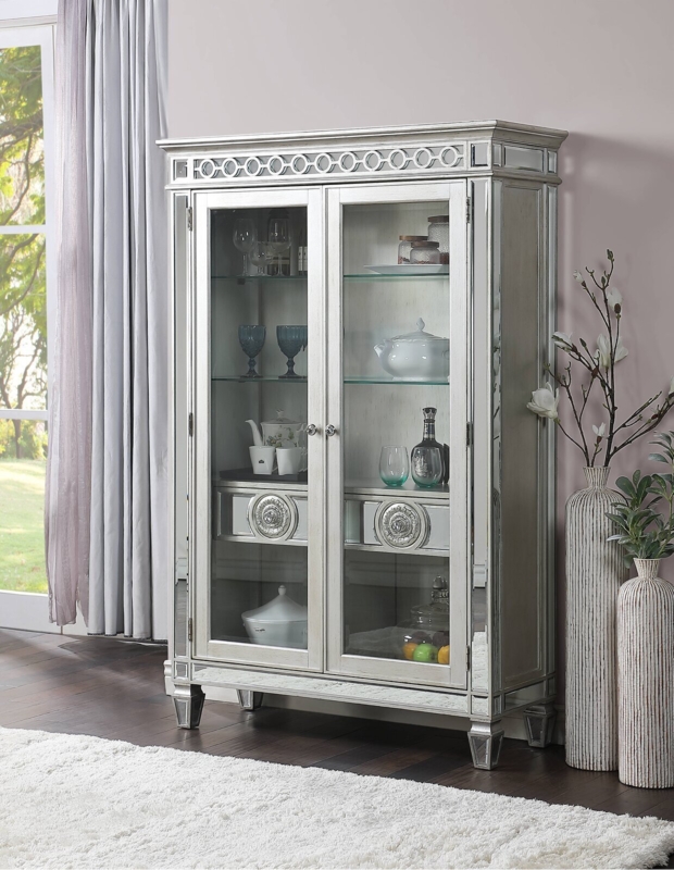 Display Cabinet Circular Fretwork Crown Medallion Drawers Mirrored Trim
