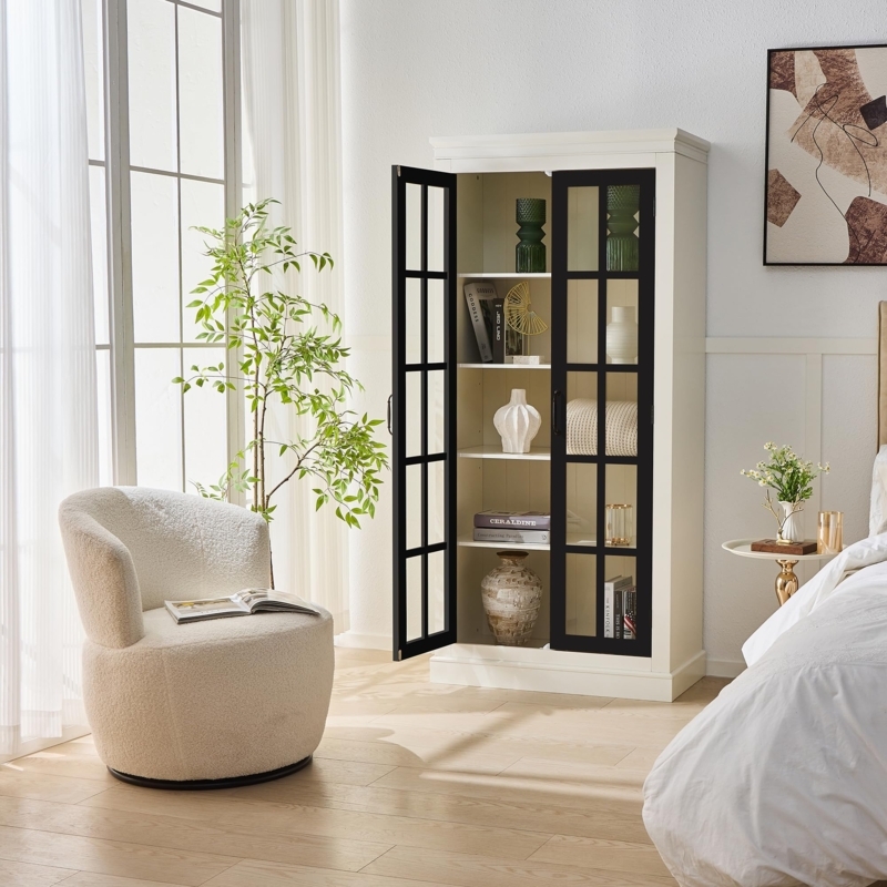 Display Cabinet: Cream With Black Mullion Doors Bookcase