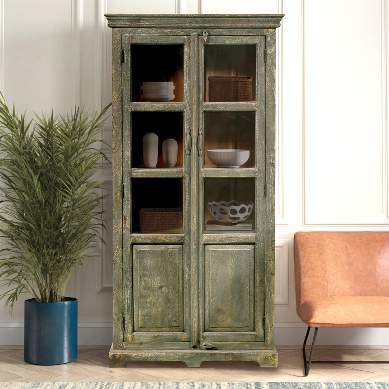Display Cabinet: Distressed Sage Green Traditional Armoire
