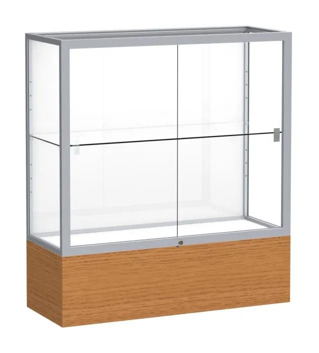 Display Cabinet Silver Metallic Frame Wood Toned Base Integrated Lock