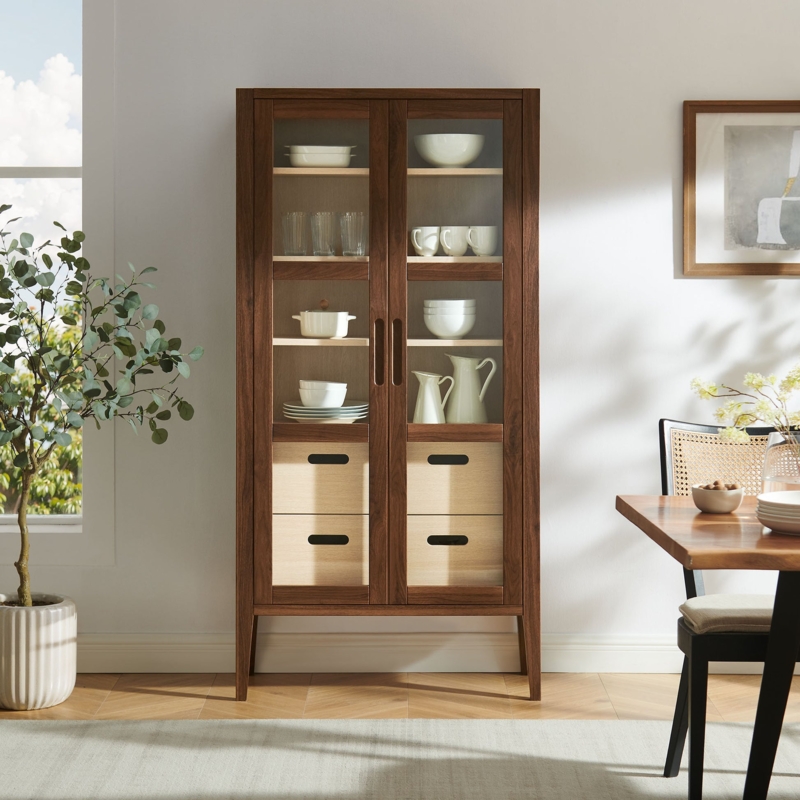 Display Cabinet: Two Tone Walnut Mid Century Modern Hutch