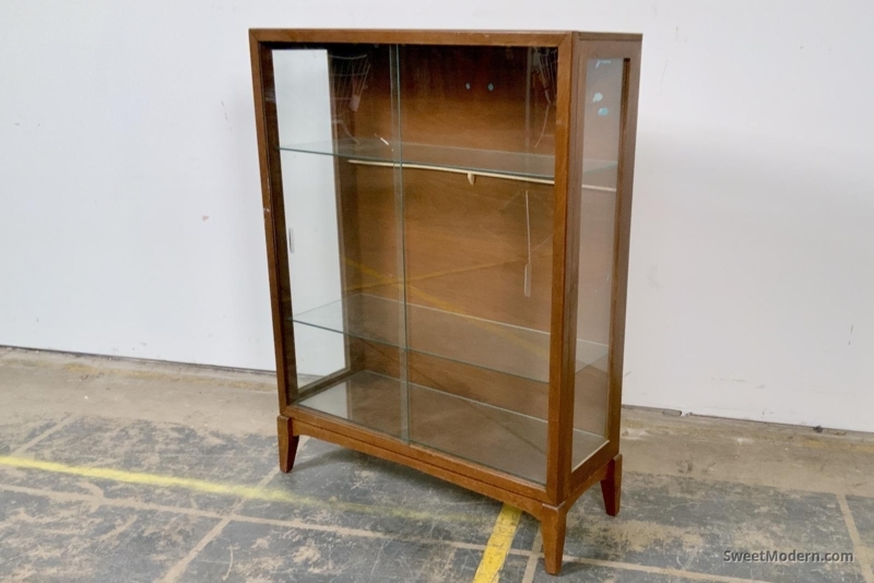 Display Cabinet Walnut Tapered Legs Sliding Glass Doors Mid Century