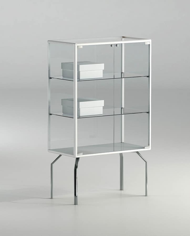 Display Cabinet White Chrome Tapered Legs Elevated Base Modern