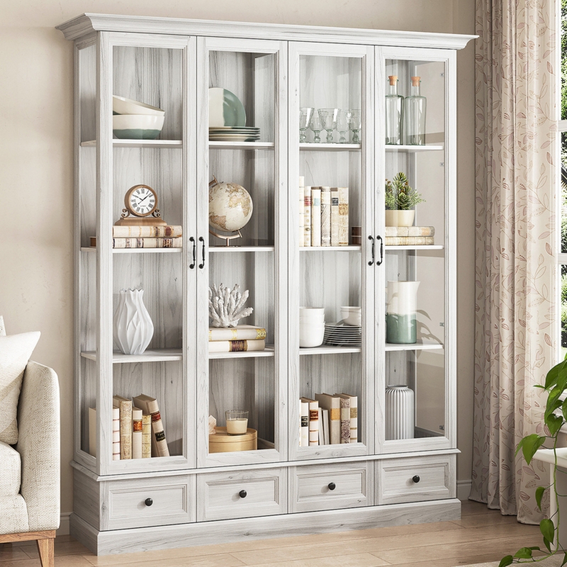 Display Cabinet: Whitewashed Finish Four Drawer Storage