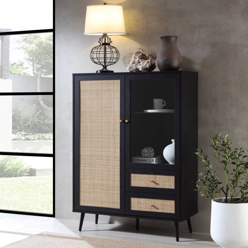 Display Cabinet with Asymmetrical Layout, Glass and Rattan Doors