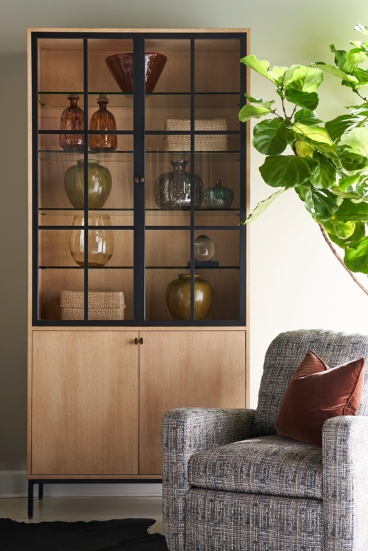 Display Cabinet: Wood And Black Windowpane Doors Hutch
