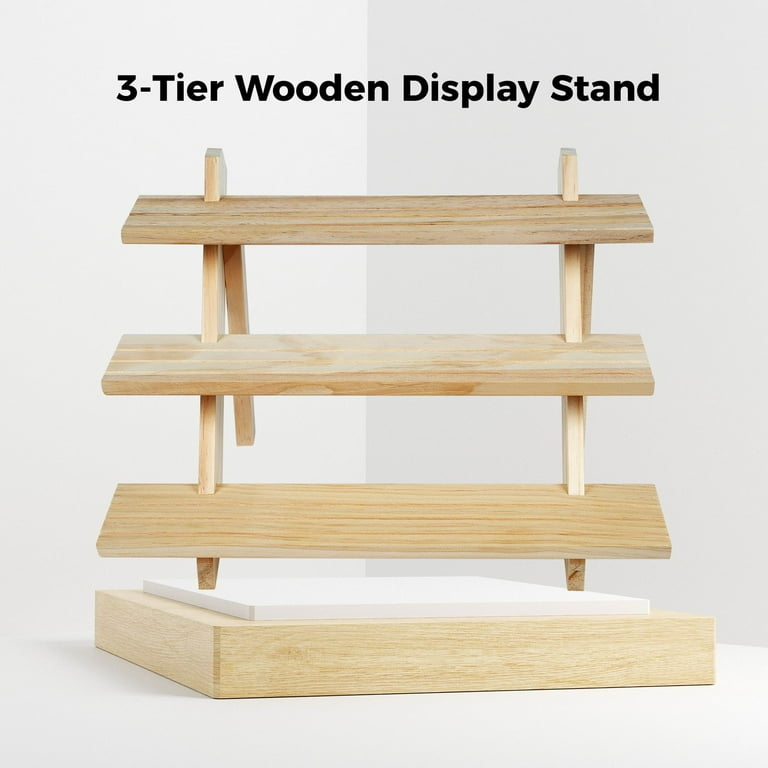 Display Riser Stepped Design Natural Wood Tone Minimalist 3 Tier Stand