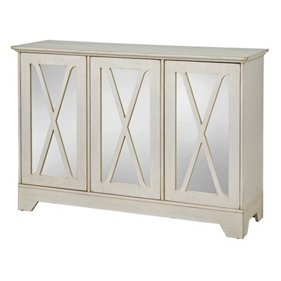 Distressed Antique White Buffet Console with X-Overlay Mullions