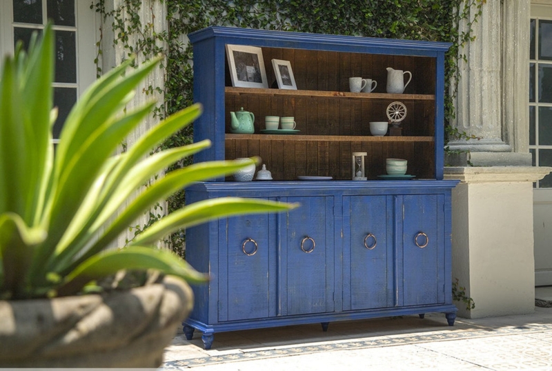 Distressed Blue Farmhouse Hutch With Wood Lined Interior