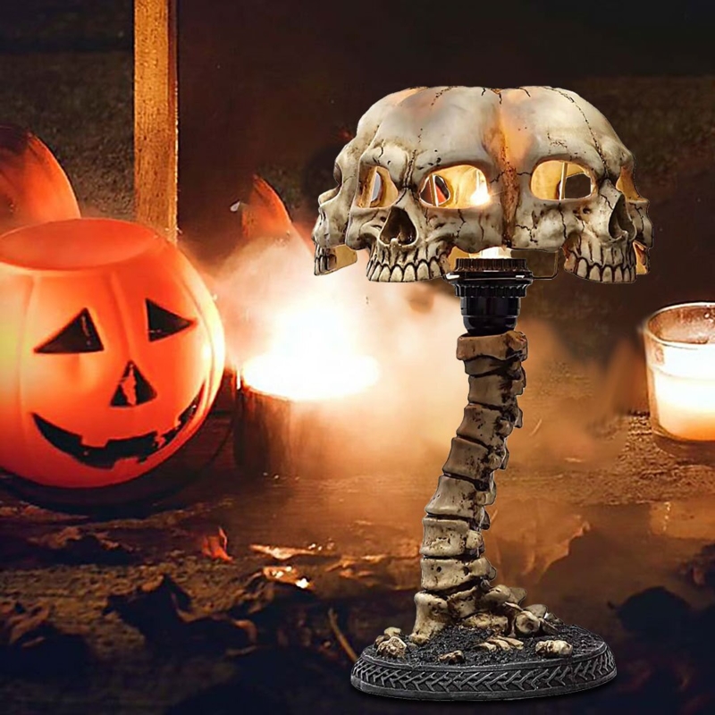 Distressed Bone Table Lamp with Spinal Column and Skull Cluster
