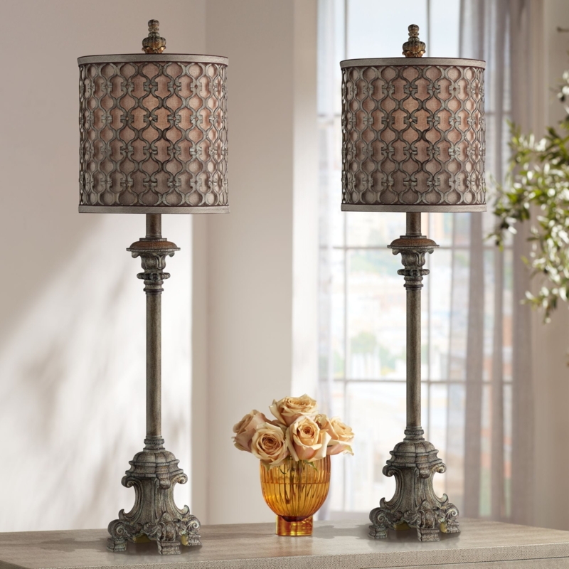 Distressed Bronze Buffet Lamps: Metal Lattice Shade Overlay (62 chars)