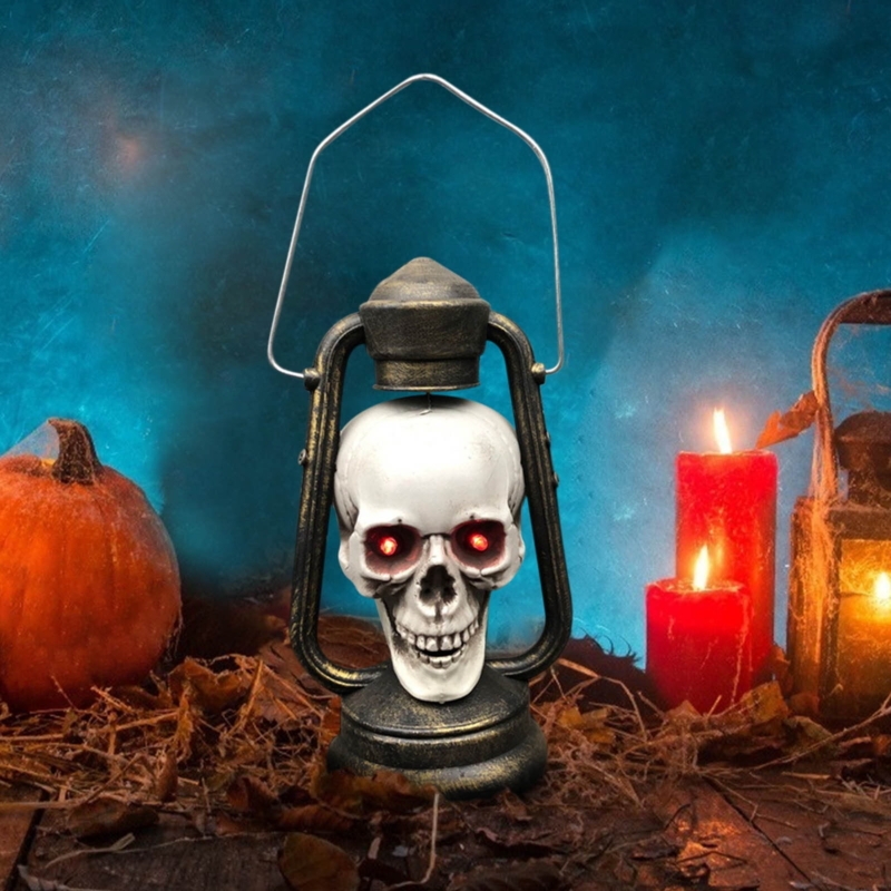 Distressed Bronze Halloween Lantern with Glowing Red Skull Eyes