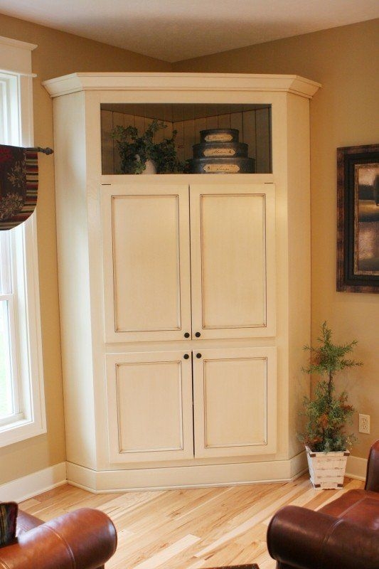 Distressed Cream Cabinetry: Farmhouse Corner Unit, Open Display Niche