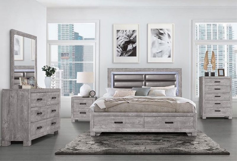 Distressed Grey Bedroom Set with Storage Footboard & LED Lights