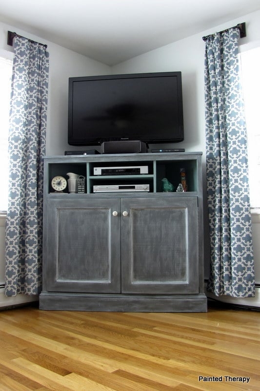Distressed Grey Media Console: Tall Corner Cabinet with Seafoam Interior