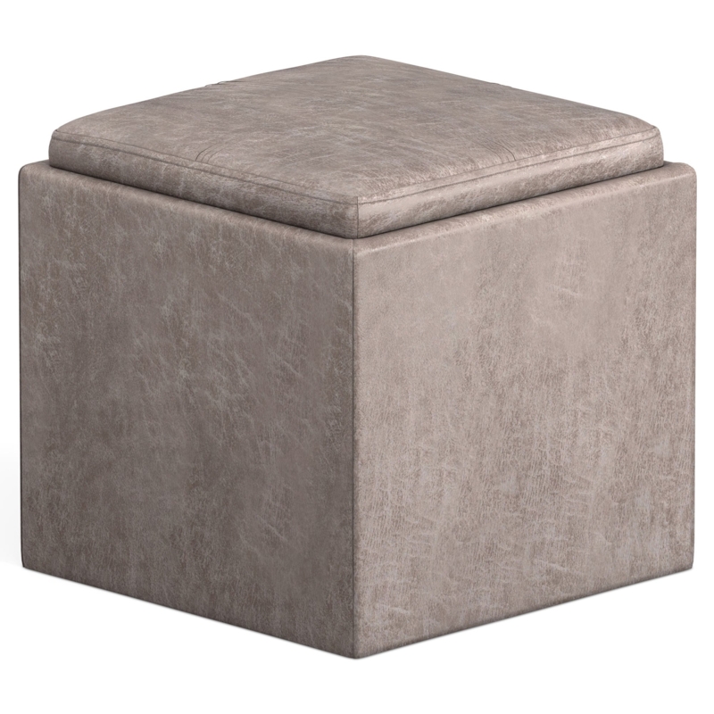 Distressed Grey Taupe Storage Ottoman with Tray Top
