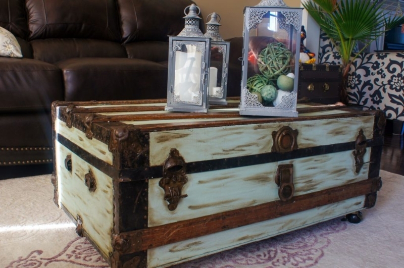 Distressed Mint Steamer Trunk: Coffee Table on Rolling Casters
