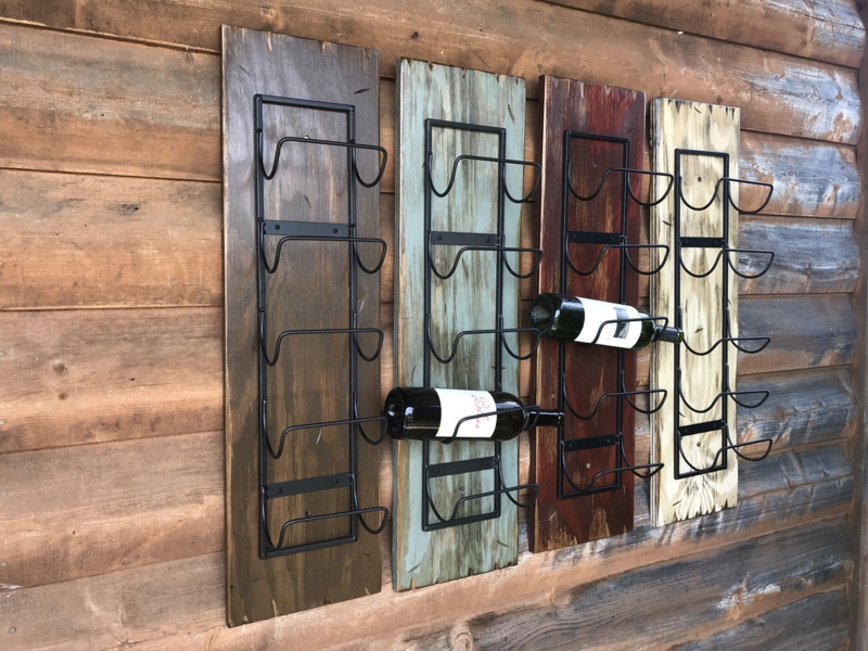Distressed Plank Wine Display: Multi-Panel Set with Wire Cradles.