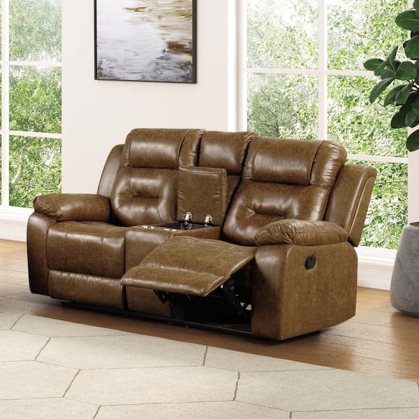 Distressed Reclining Loveseat: Chestnut Faux Leather, Overstuffed Arms