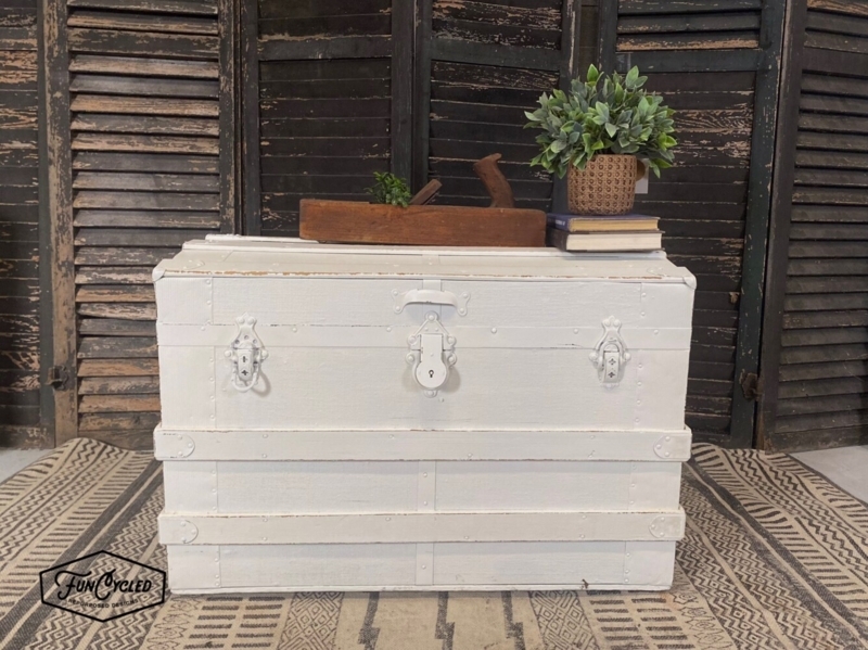 Distressed Storage Trunk: Rustic Metal Hardware & Horizontal Wood Slats