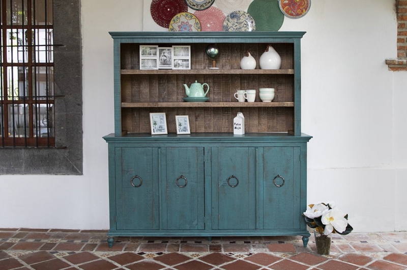 Distressed Teal China Cabinet On Bun Feet With Ring Pulls