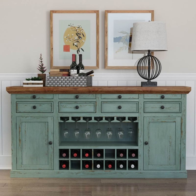 Distressed Teal Kitchen Sideboard with Apothecary Style Drawers