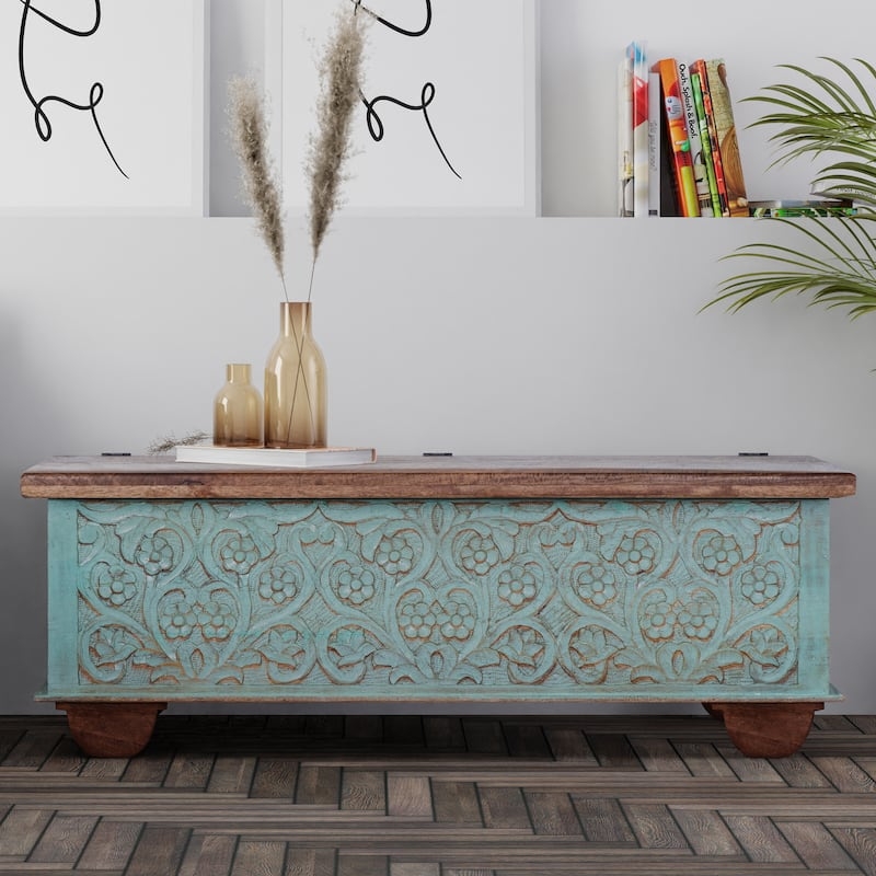 Distressed Teal Trunk: Hand Carved Floral Relief & Global Artisan Style