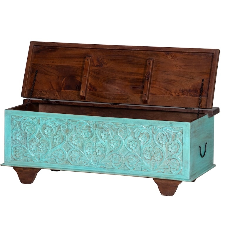 Distressed Turquoise Storage Trunk: Hand Carved Floral & Bohemian Style