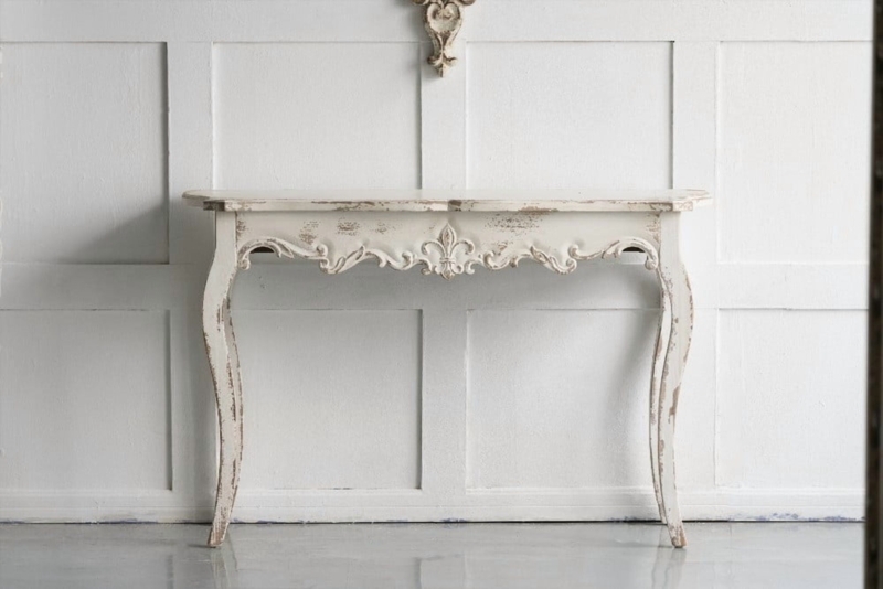 Distressed White Entry Table: Fleur-de-Lis Carving, Slim Depth Profile