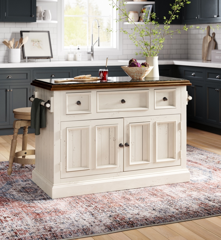 Distressed White Kitchen Island With Stone Look Top And Towel Bar