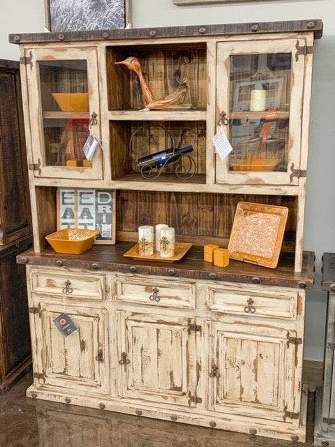 Distressed White Rustic Hutch With Rivet Head Trim Detail