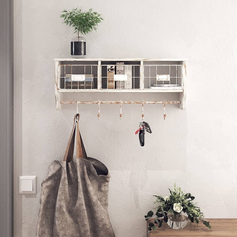 Distressed Wire Basket Shelf with Integrated Hanging Rod and Finish