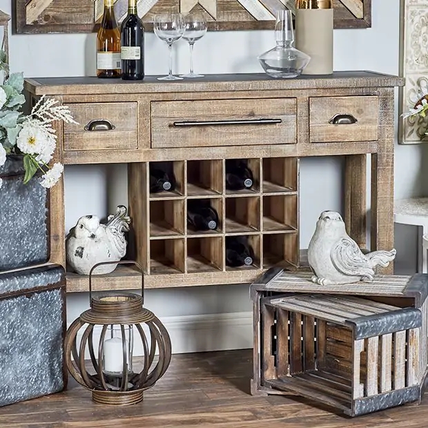 Distressed Wood Console Table with 12-Slot Wine Grid and Charcoal Top