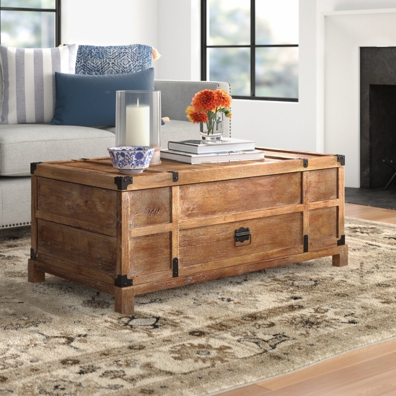 Distressed Wood Lift Top Trunk Coffee Table with Recessed Panels