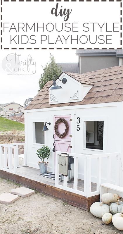 DIY Farmhouse Playhouse with Soft Pink Door & Gooseneck Lighting